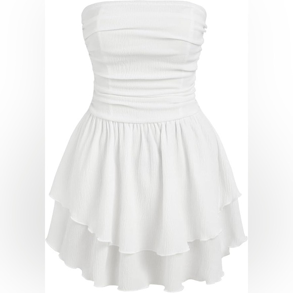 Tube Ruched Ruffle Strapless White Layered Mini Dress - Picture 3 of 3